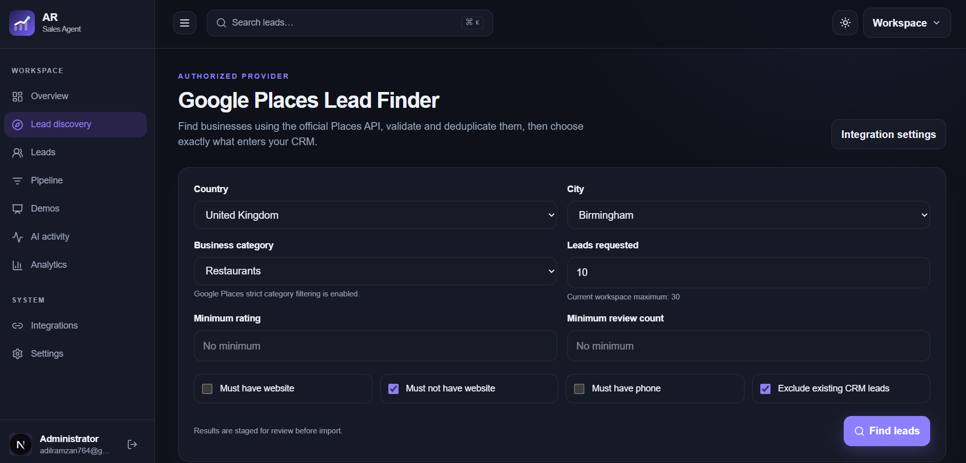 AR Sales Agent lead finder and business discovery