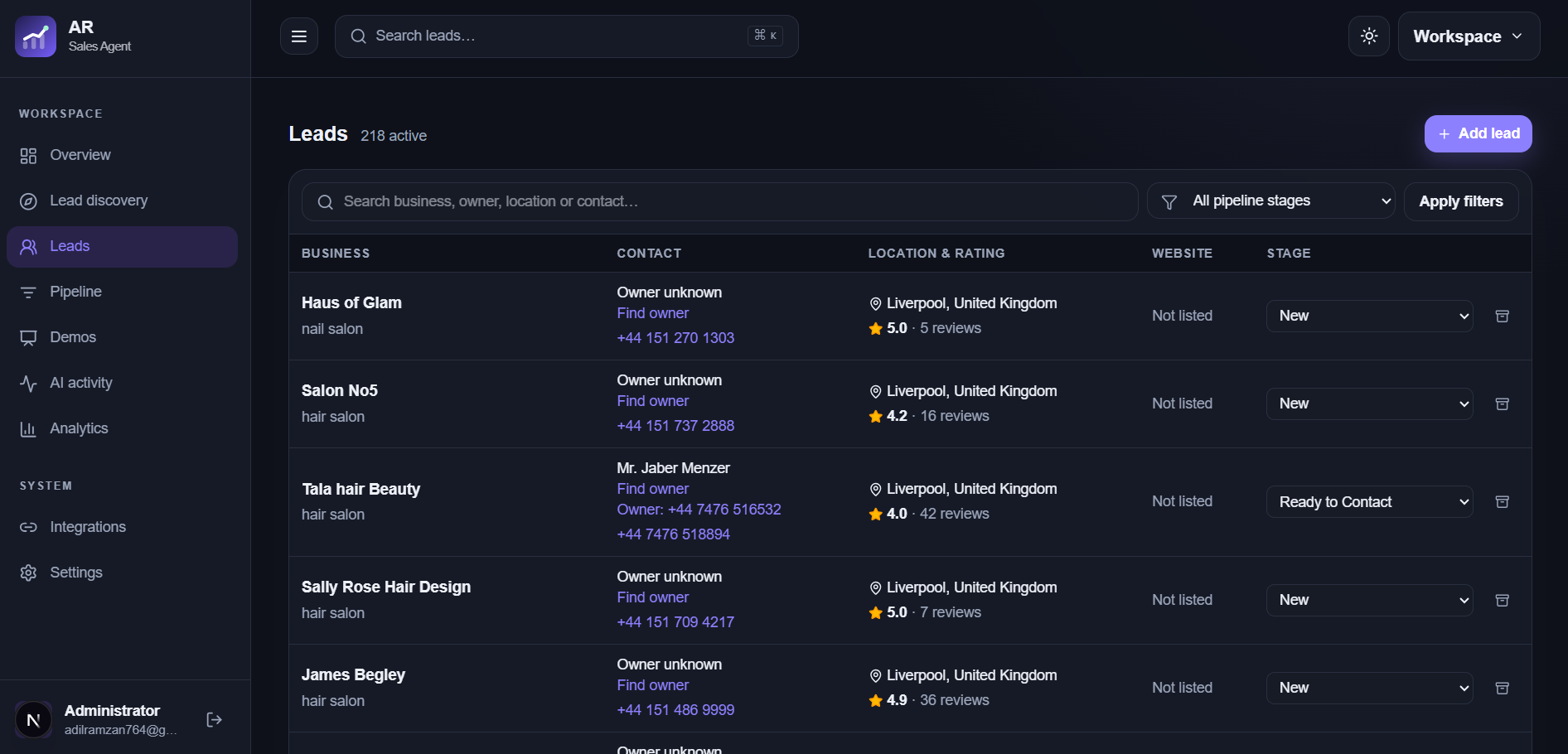 AR Sales Agent lead management workspace