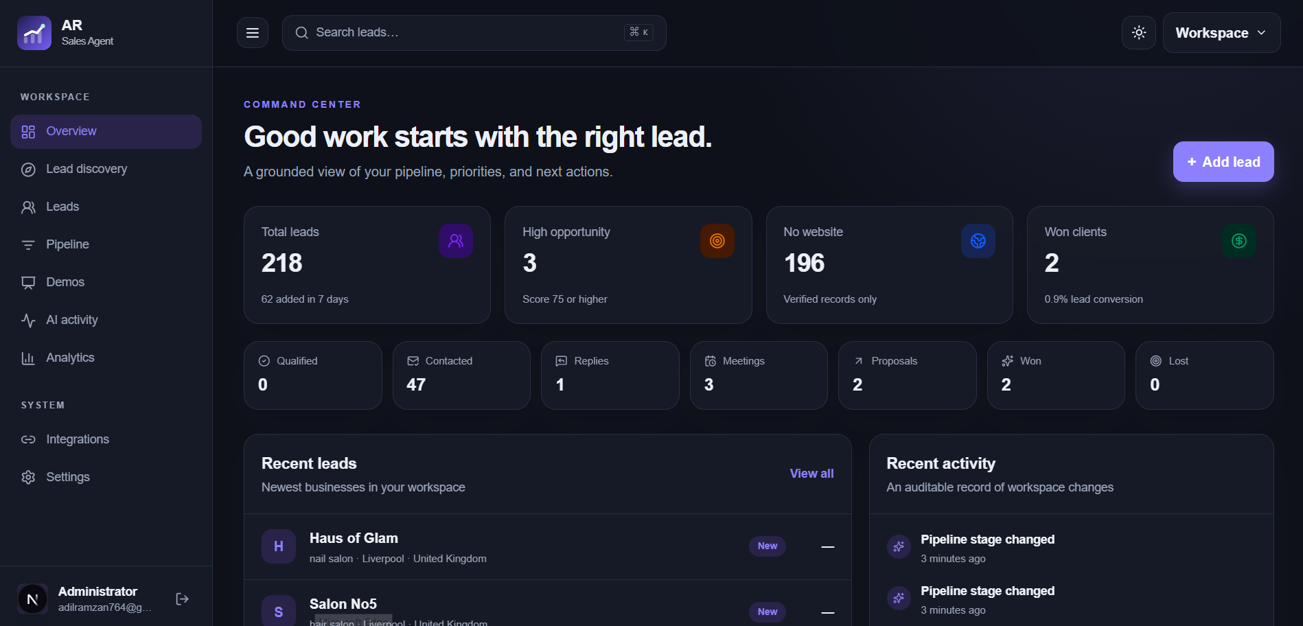 AR Sales Agent workspace overview